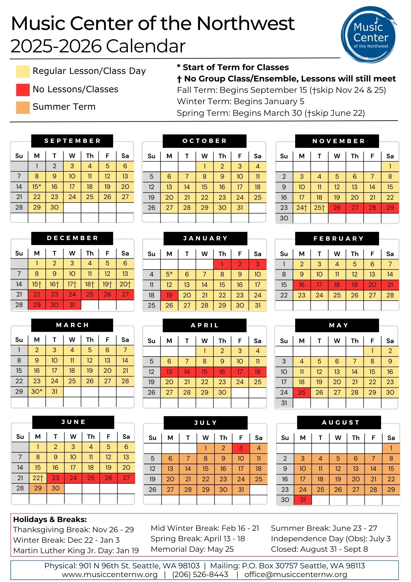 Lesson & Class Calendar — Music Center of the Northwest